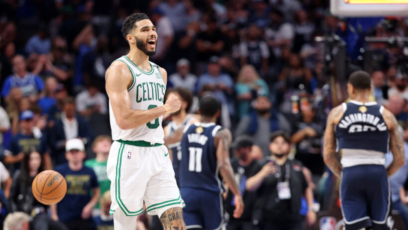 Boston Celtics forward Jayson Tatum celebrating his team's Game 3 win over the Dallas Mavericks