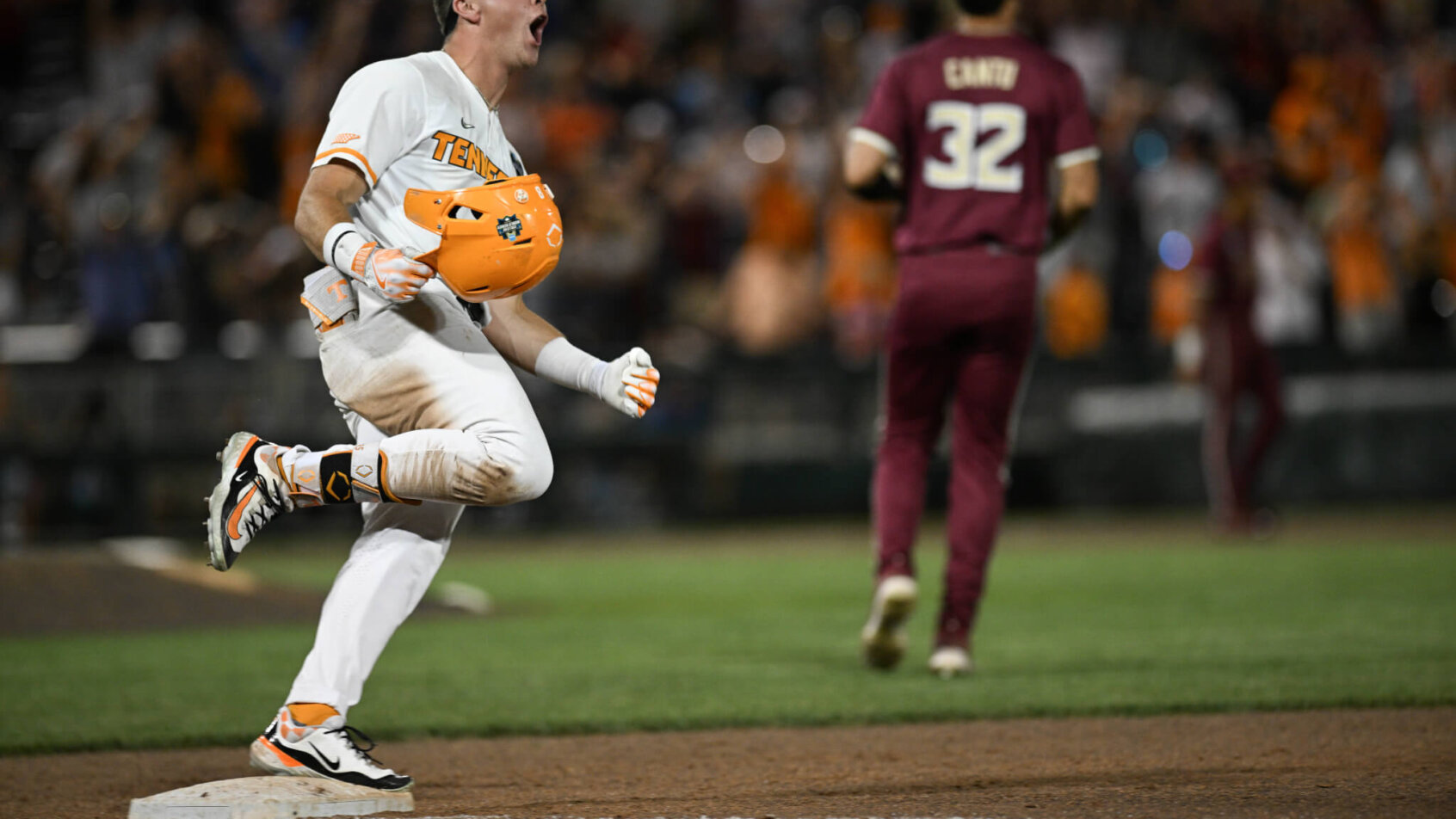 Tennessee Volunteers left fielder Dylan Dreiling celebrates a walk-off hit