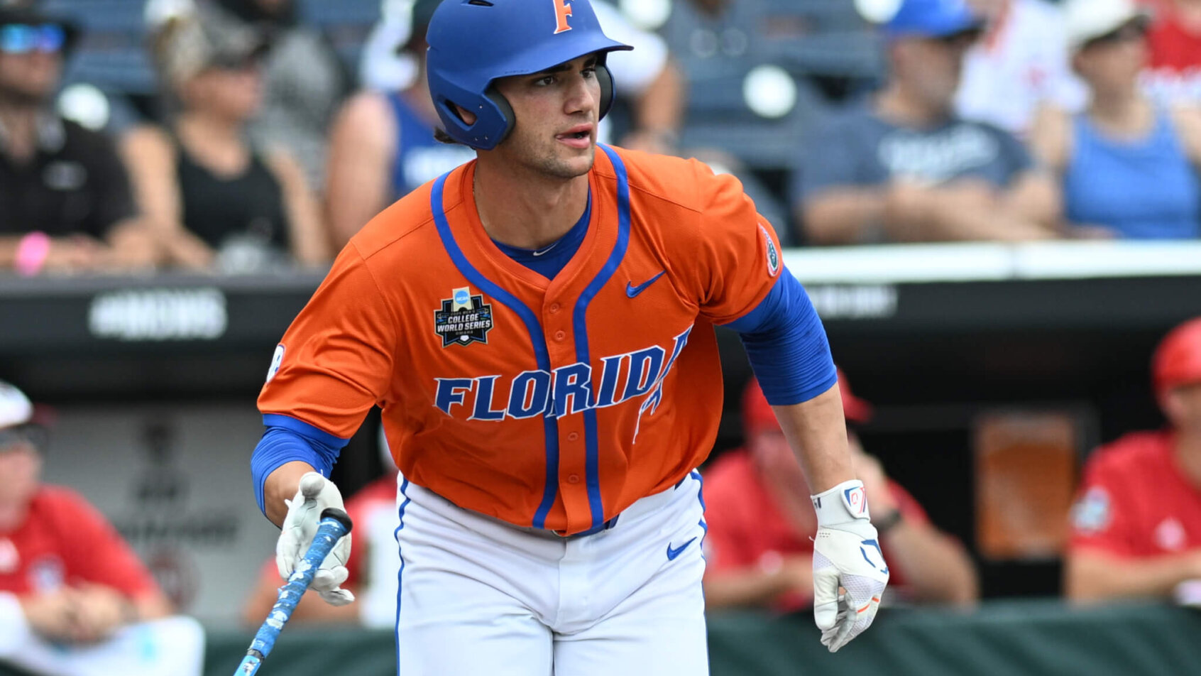Florida Gators starting pitcher and designated hitter Jac Caglianone runs out of the batters box