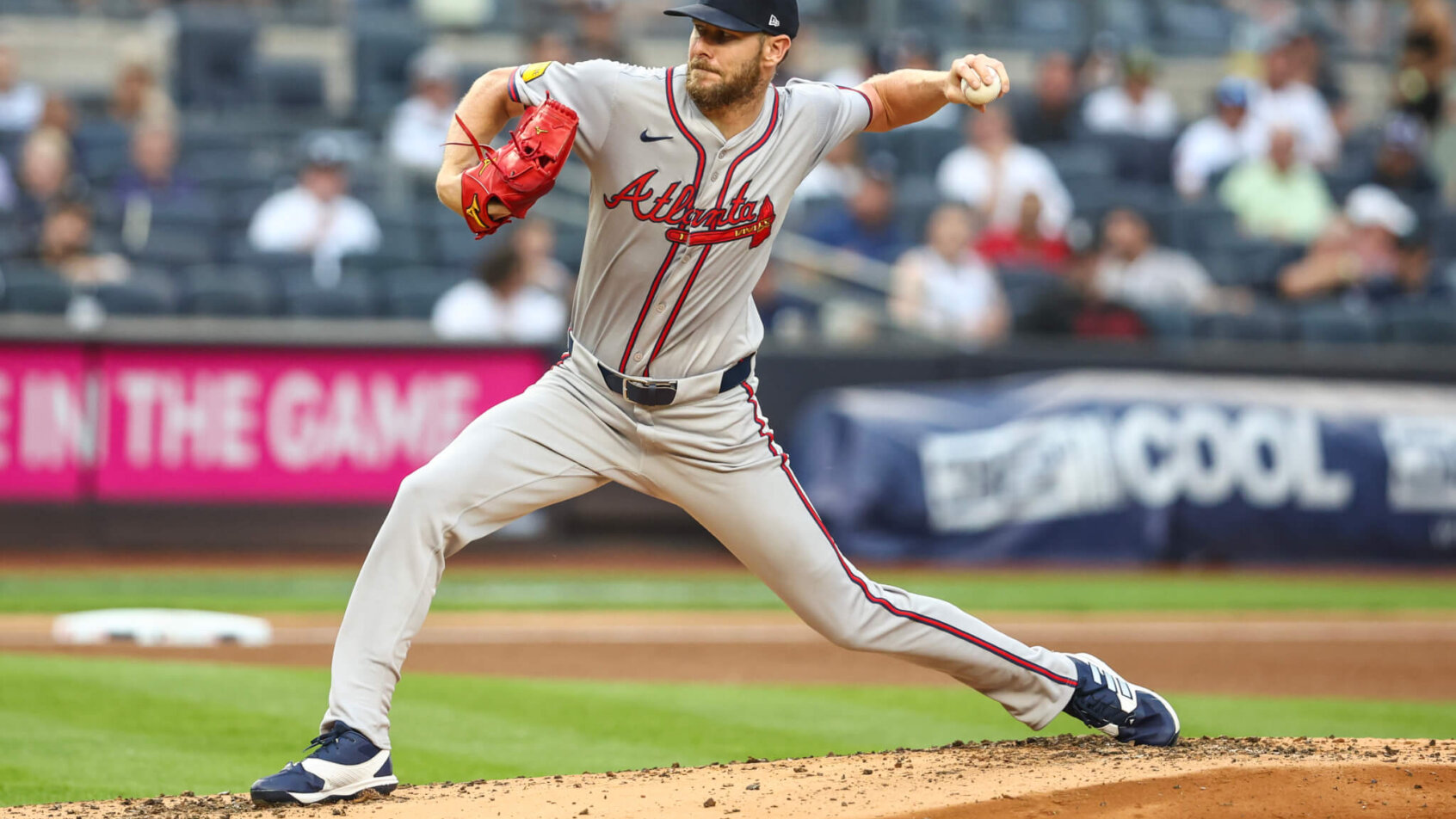Chris Sale fires a pitch to home plate during a game against the New York Yankees during the 2024 season.