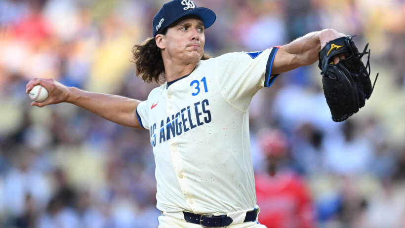 Los Angeles Dodgers pitcher Tyler Glasnow throws