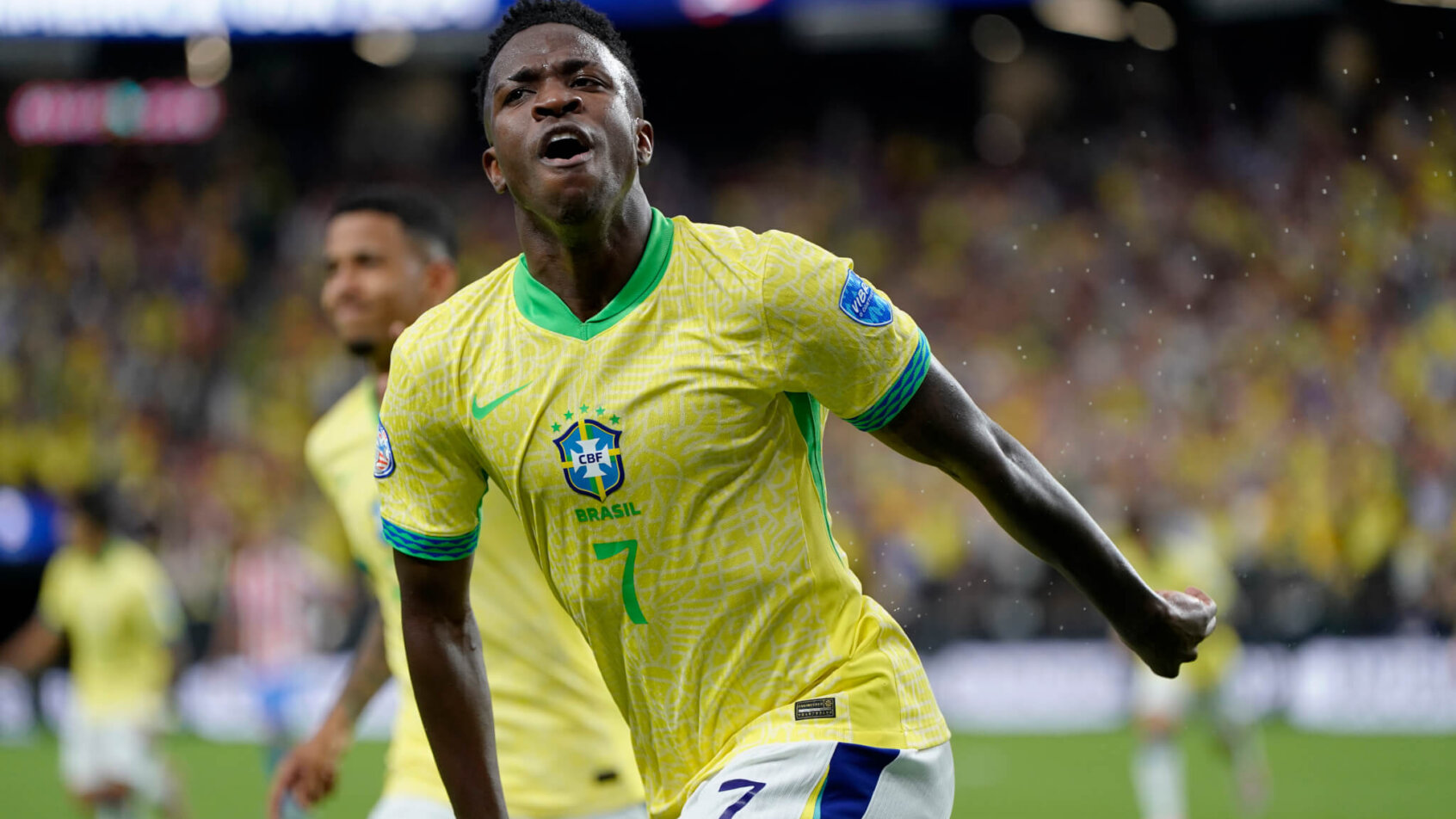 Brazil forward Vinicius Junior celebrating a goal against Paraguay