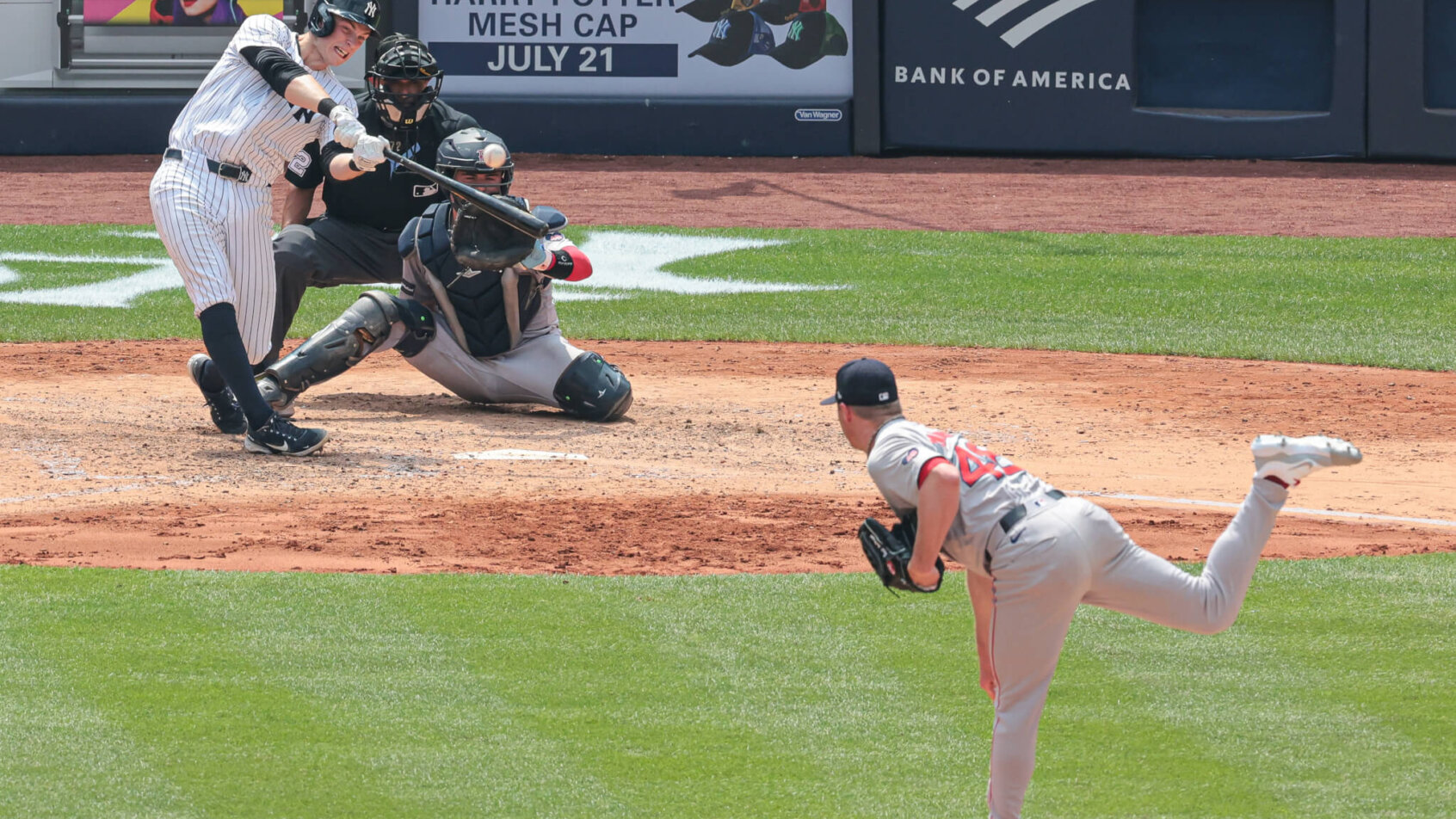 New York Yankees first baseman Ben Rice hitting a home run off Boston Red Sox relief pitcher Chase Anderson