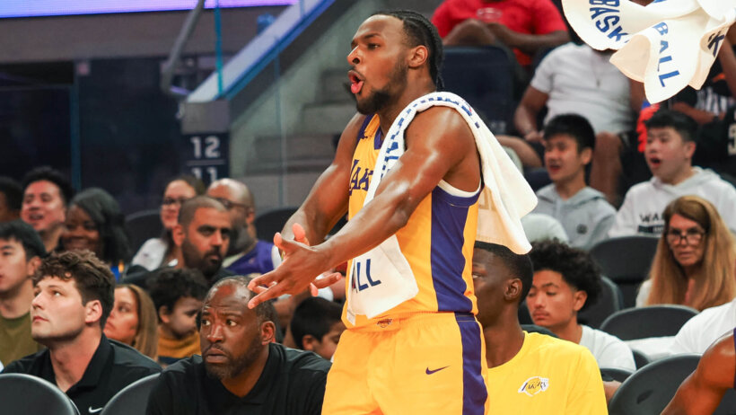Los Angeles Lakers guard Bronny James Jr reacts to a basket by a teammate