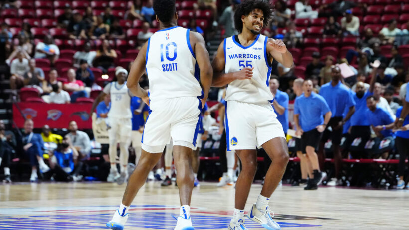 Golden State Warriors forwards Ethan Thompson and Donta Scott celebrating during 2024 Summer League