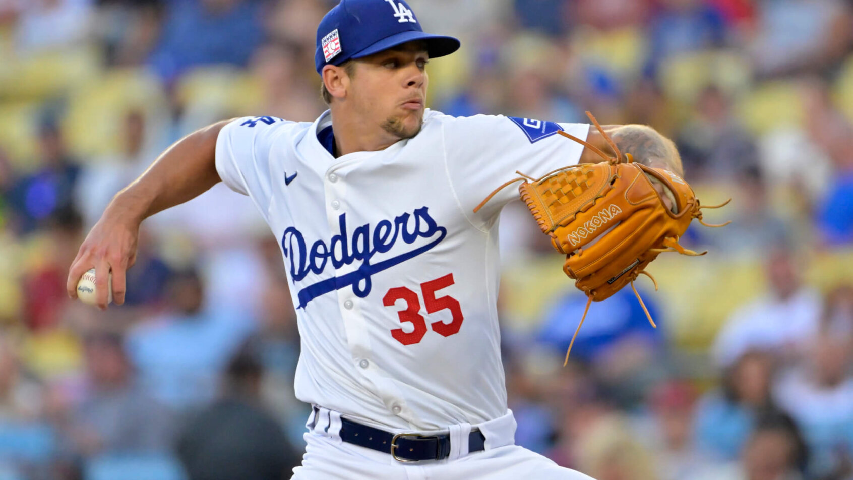 Los Angeles Dodgers pitcher Gavin Stone delivers to the plate