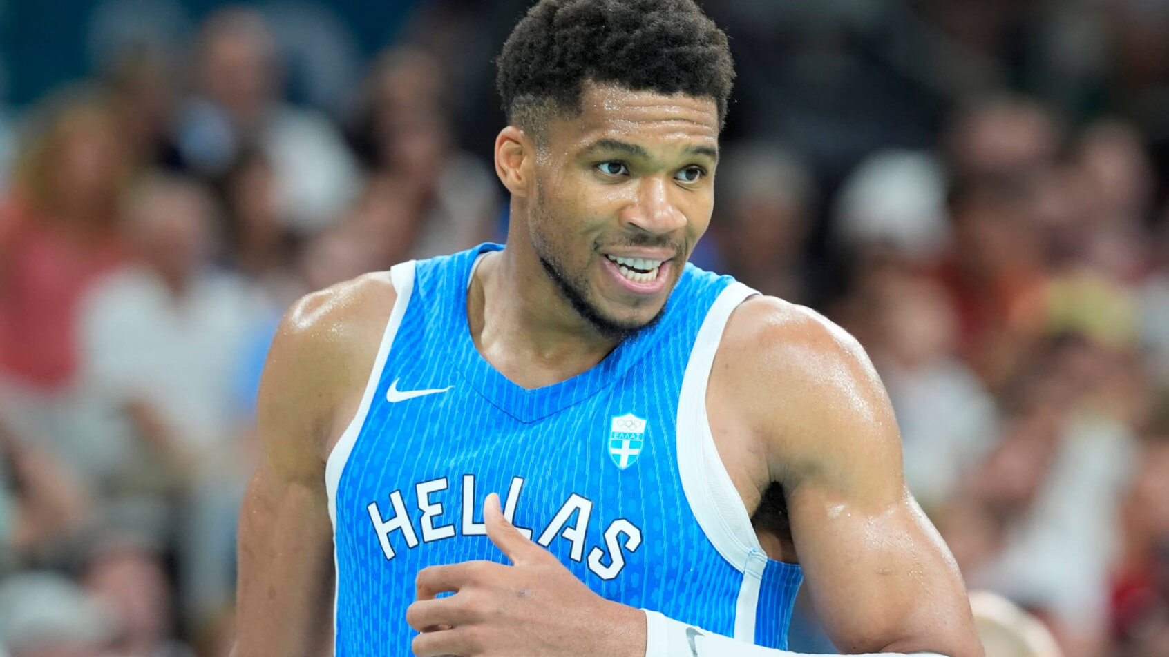 Giannis Antetokounmpo of Greece during an Olympic basketball game against Spain.