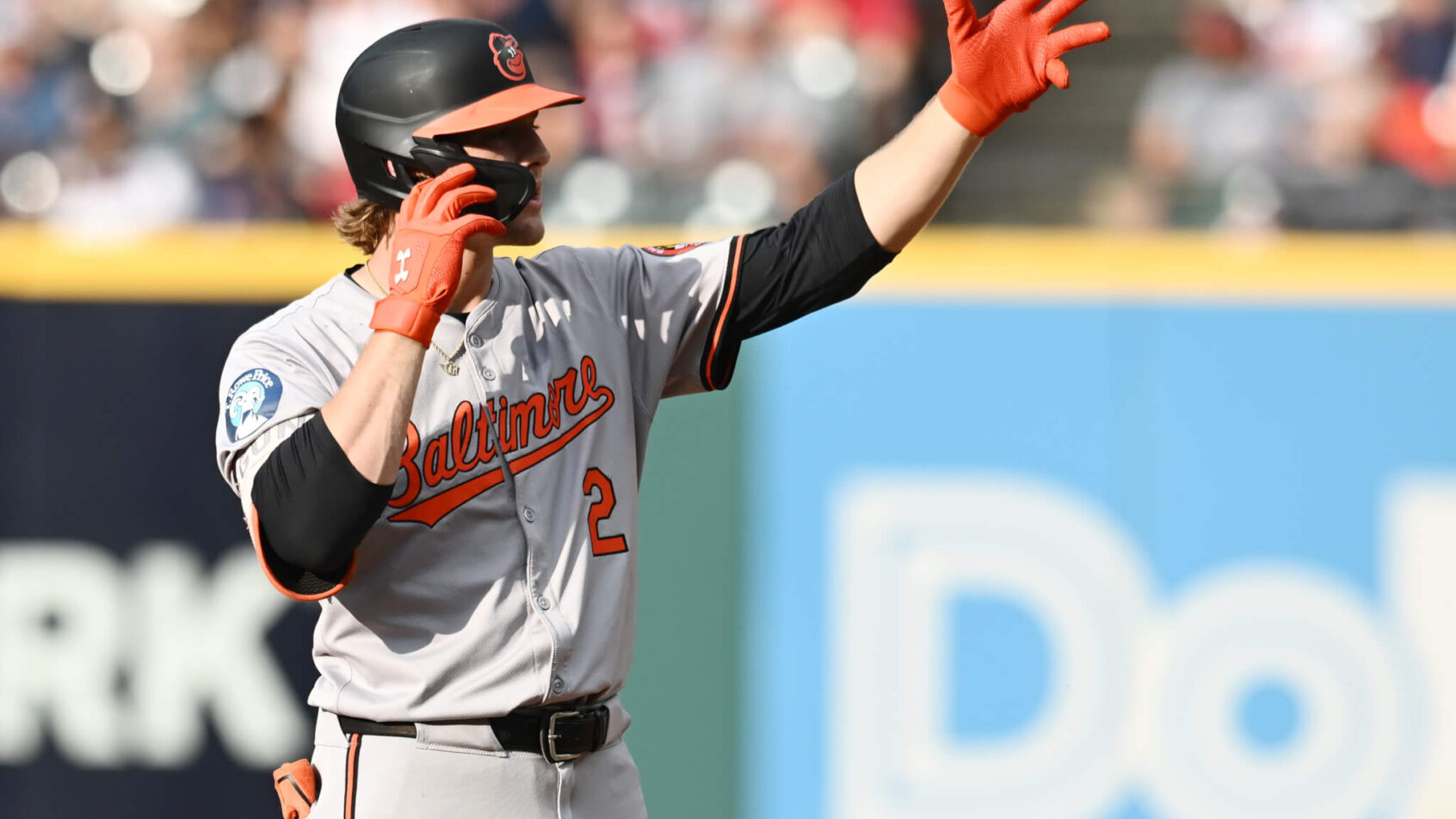 Orioles shortstop Gunnar Henderson celebrating after an RBI double vs the Guardians
