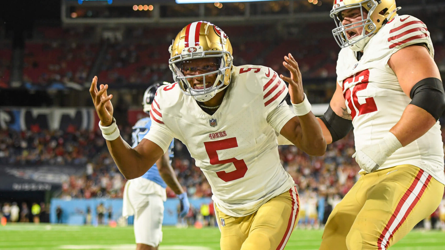 Joshua Dobbs celebrates a touchdown against the Tennessee Titans in Week 1 of the 2024 NFL Preseason.