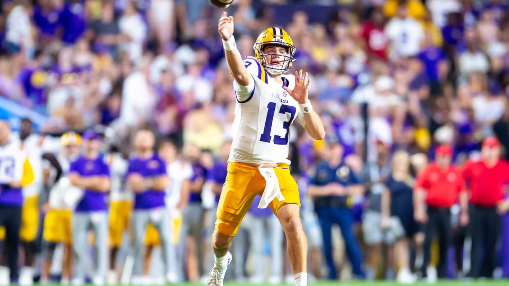 LSU quarterback Garrett Nussmeier throws a pass