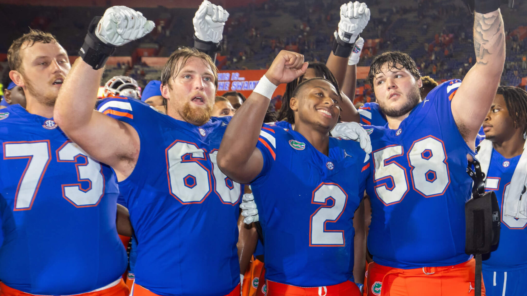 Florida Gators quarterback DJ Lagway sings with Florida Gators offensive lineman Fletcher Westphal
