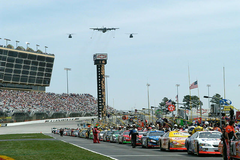 Atlanta Motor Speedway with drivers in the pits.