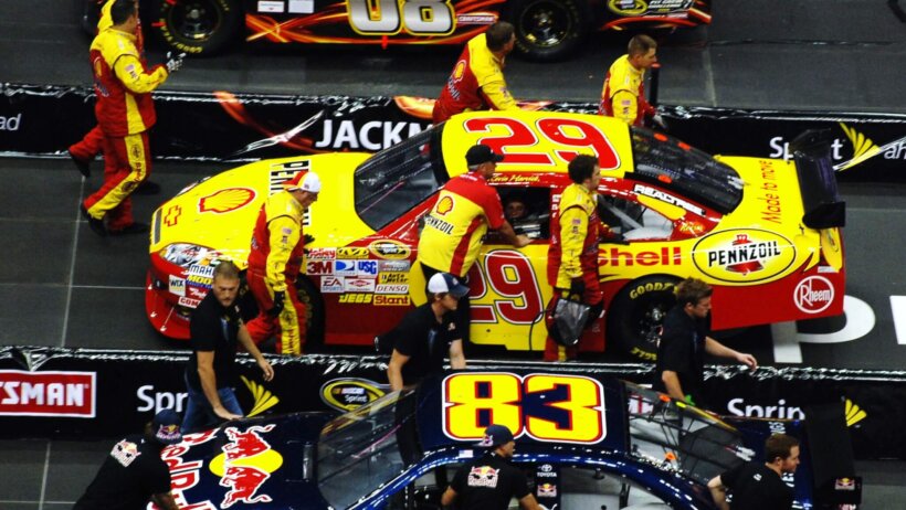 NASCAR drivers in the pits.