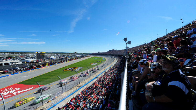 Drivers making the turn at Talladega Superspeedway.
