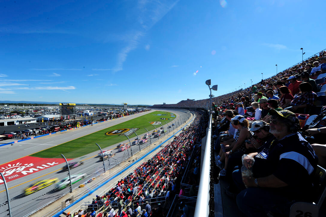Drivers making the turn at Talladega Superspeedway.