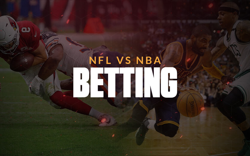 NFL vs NBA betting text overlay on football and basketball composite image
