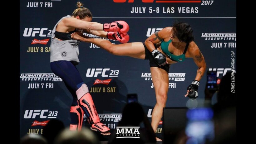 Amanda Nunes demonstrates her power at a UFC media workout.