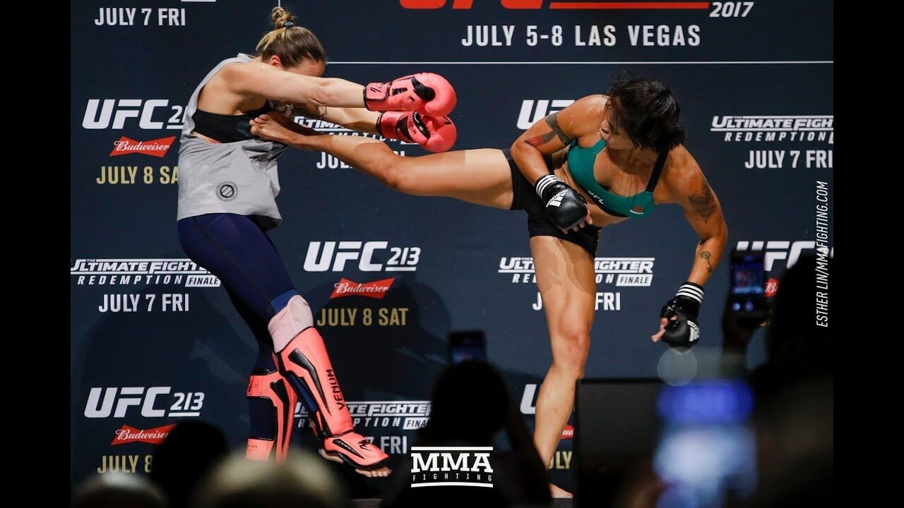 Amanda Nunes demonstrates her power at a UFC media workout.