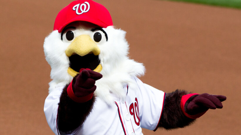 Washington Nationals mascot pointing at the camera.